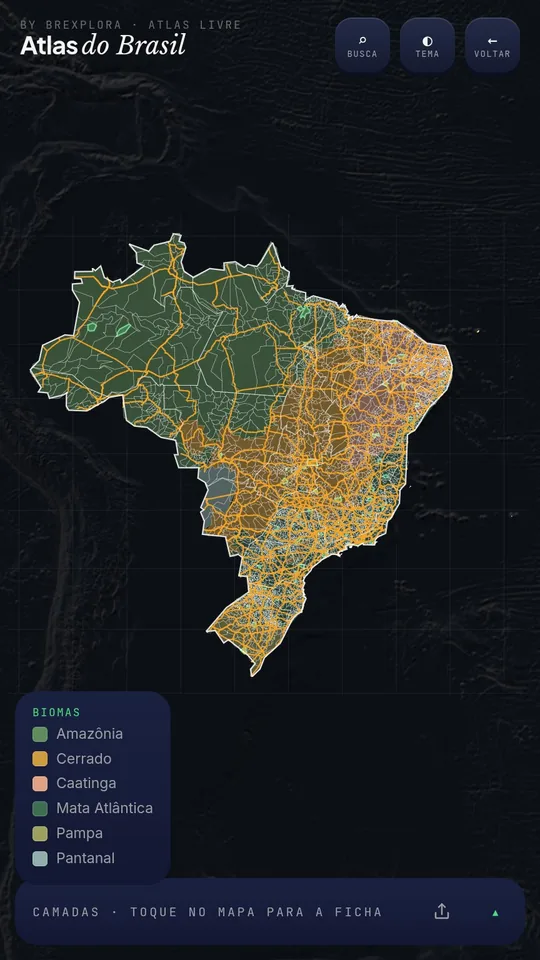 Atlas do Brasil com camadas de rios, biomas e rodovias