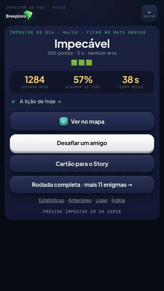 Resultado do impostor com a lição e o botão Ver no mapa